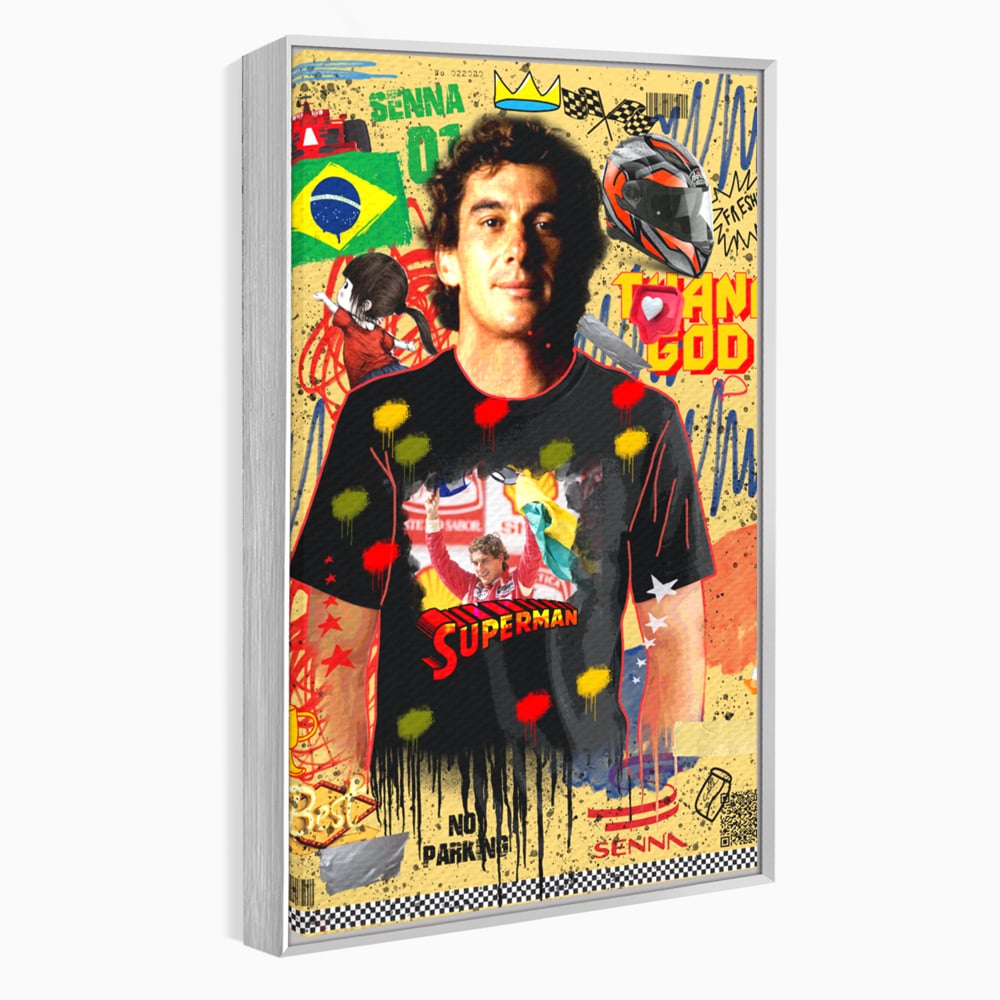 Tablou canvas cu tablou canvas cu ayrton senna, in rama de aluminiu argintiu